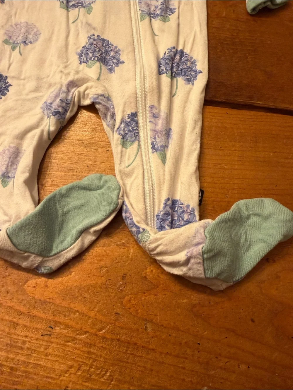 Kyte BABY Cream Footed One-Piece with Blue Hydrangea Print